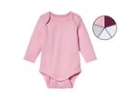 Pink long-sleeved baby bodysuit with a color swatch showing pink, grey, white, and burgundy options.