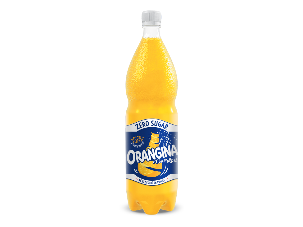 Fles sinaasappeldrank met 'Zero Sugar' en '100% plezier zonder suiker' op het etiket.