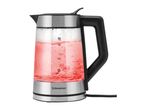 Glass electric kettle with red illuminated boiling water, showing volume markings and a black handle.