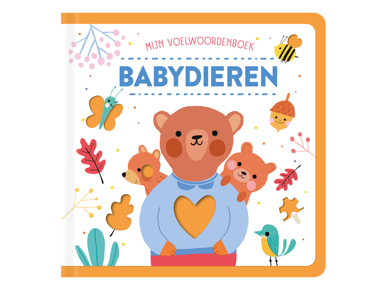 Kinderboek met beren, vlinder, bij en eekhoorn, met de tekst 'MIJN VOELWOORDENBOEK BABYDieren'.