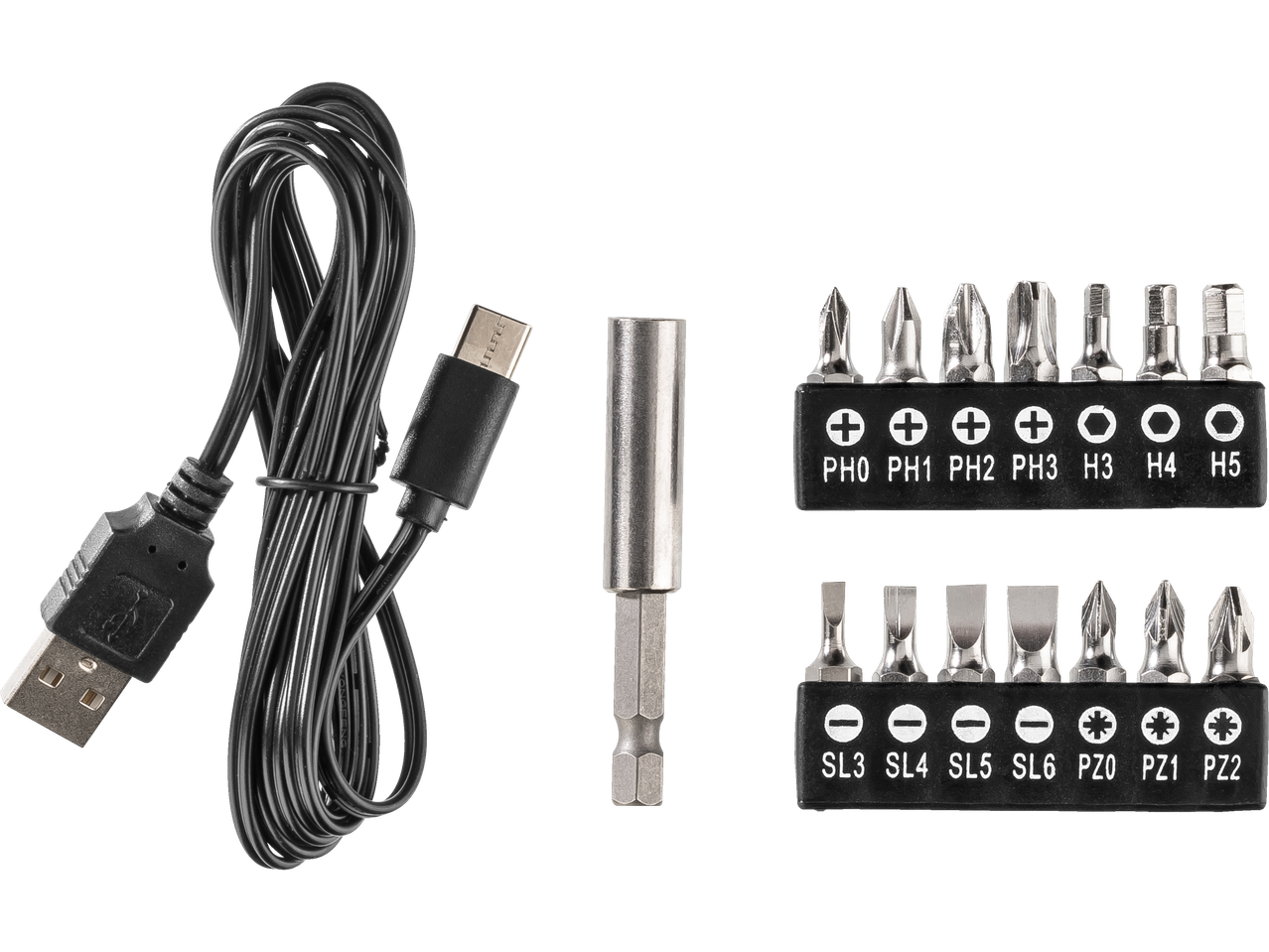 Carregador USB e conjunto de chaves de fenda com diferentes pontas.