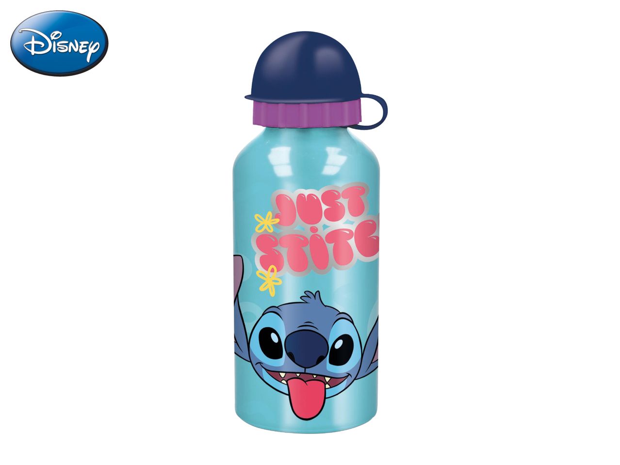 Light blue water bottle with Stitch character and 'JUST STITCH' text.