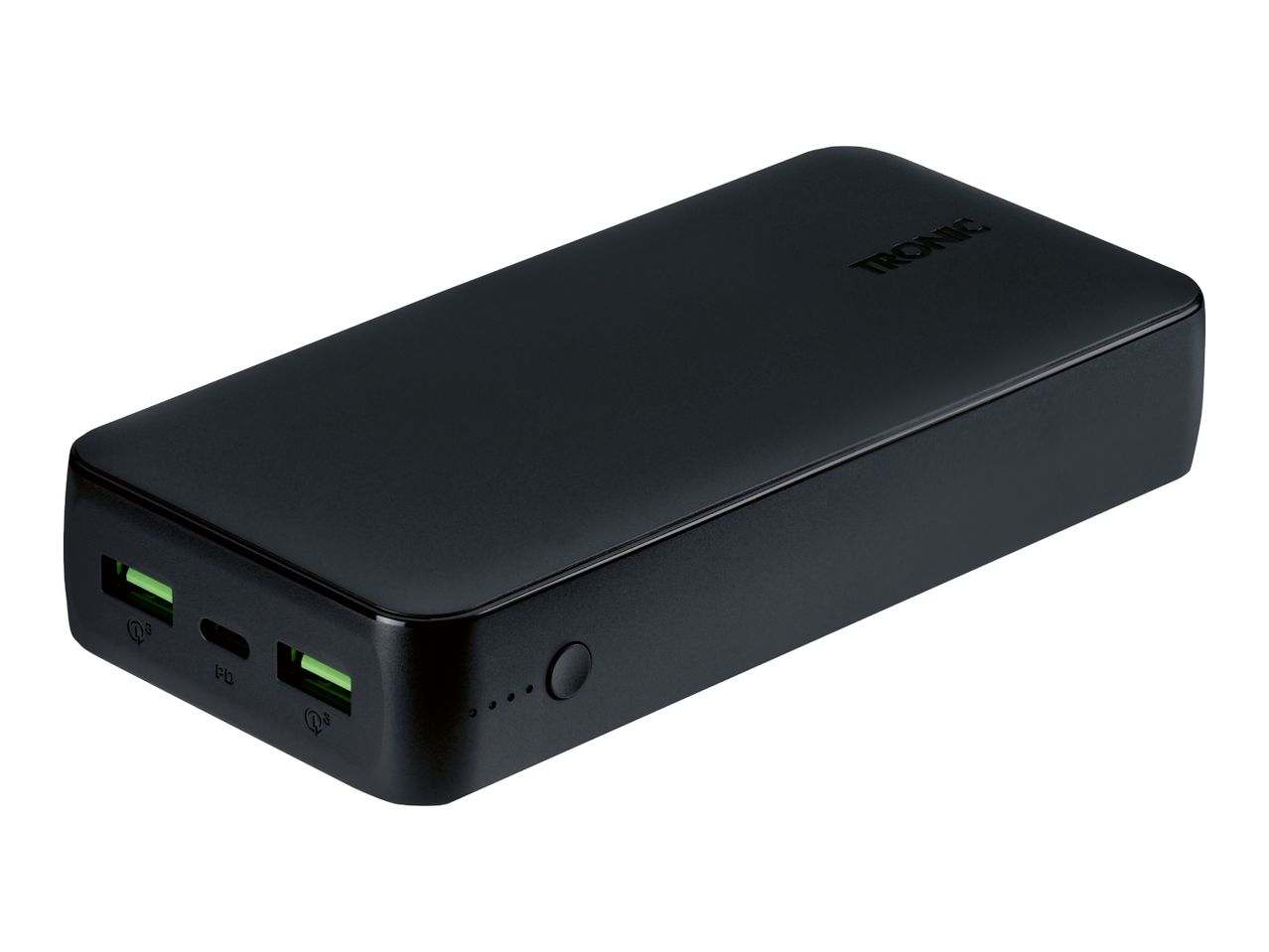 Black power bank with multiple USB ports and power indicator lights