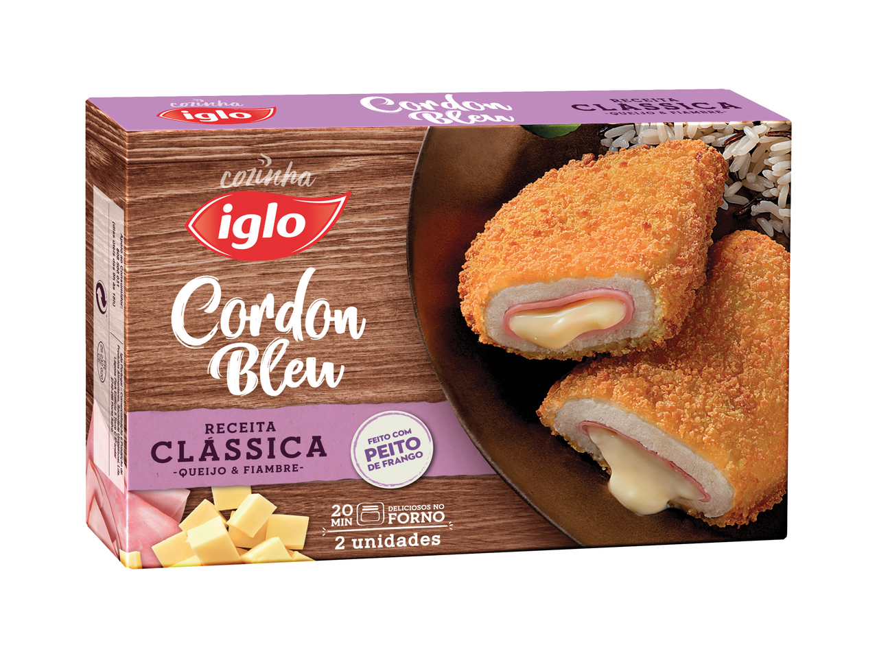 Iglo Cordon Bleu de frango com queijo e fiambre, pronto para forno.