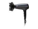 Black hair dryer with a diffuser attachment and a gold stripe on the body.