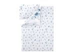 White duvet cover and pillowcase set with blue watercolor floral and leaf patterns.