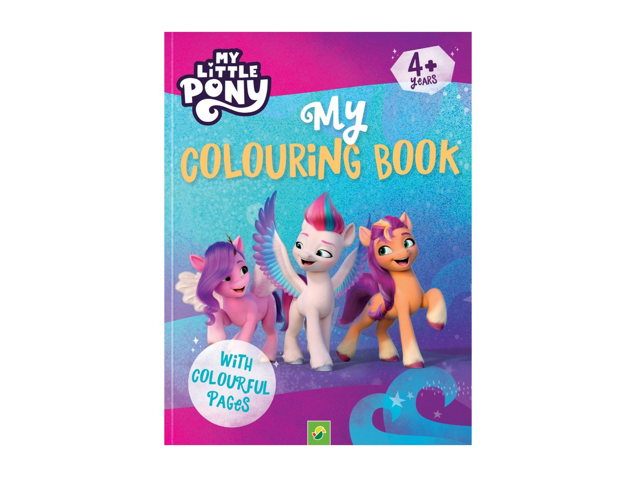My Little Pony colouring book with colourful pages, featuring three ponies.