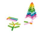 Colorful wooden building blocks arranged into a pyramid, a flat pattern, and a small tree.