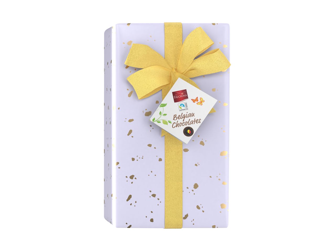 Gift box of Belgian chocolates with a gold ribbon and a tag featuring butterflies and leaves.