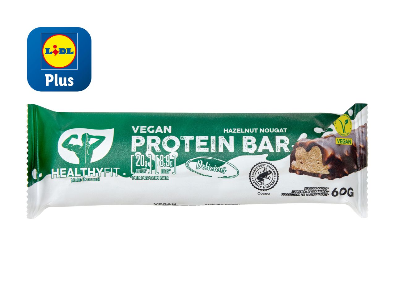 Veganer HealthyFit Lidl Plus Proteinriegel mit Haselnuss-Nougat und Schokolade.