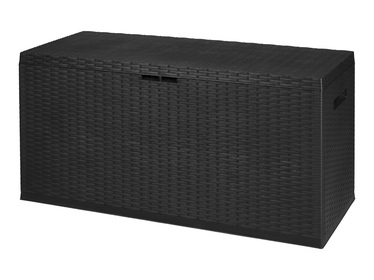 Black rattan-style outdoor storage box with a textured surface and integrated handles.