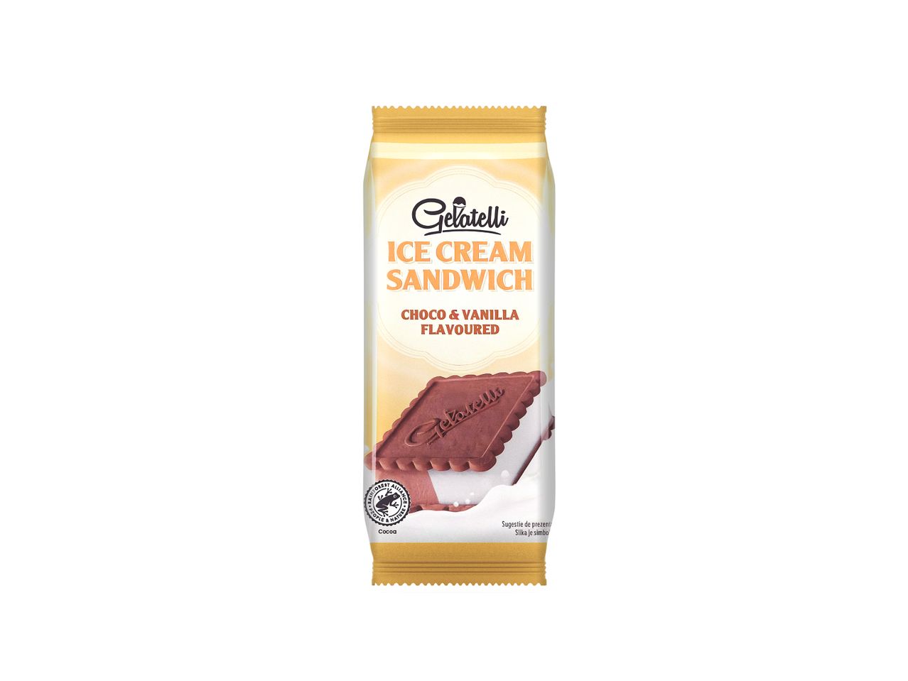 Gelatelli čokoladno-vanila sladoled sendvič.