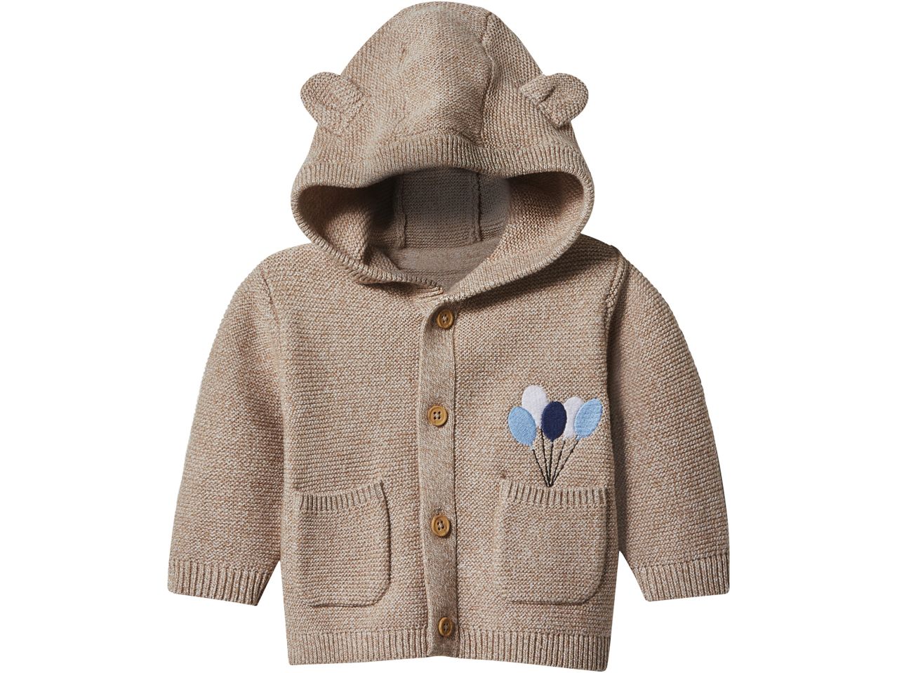 Beige knitted baby cardigan with a hood, bear ears, and balloon embroidery