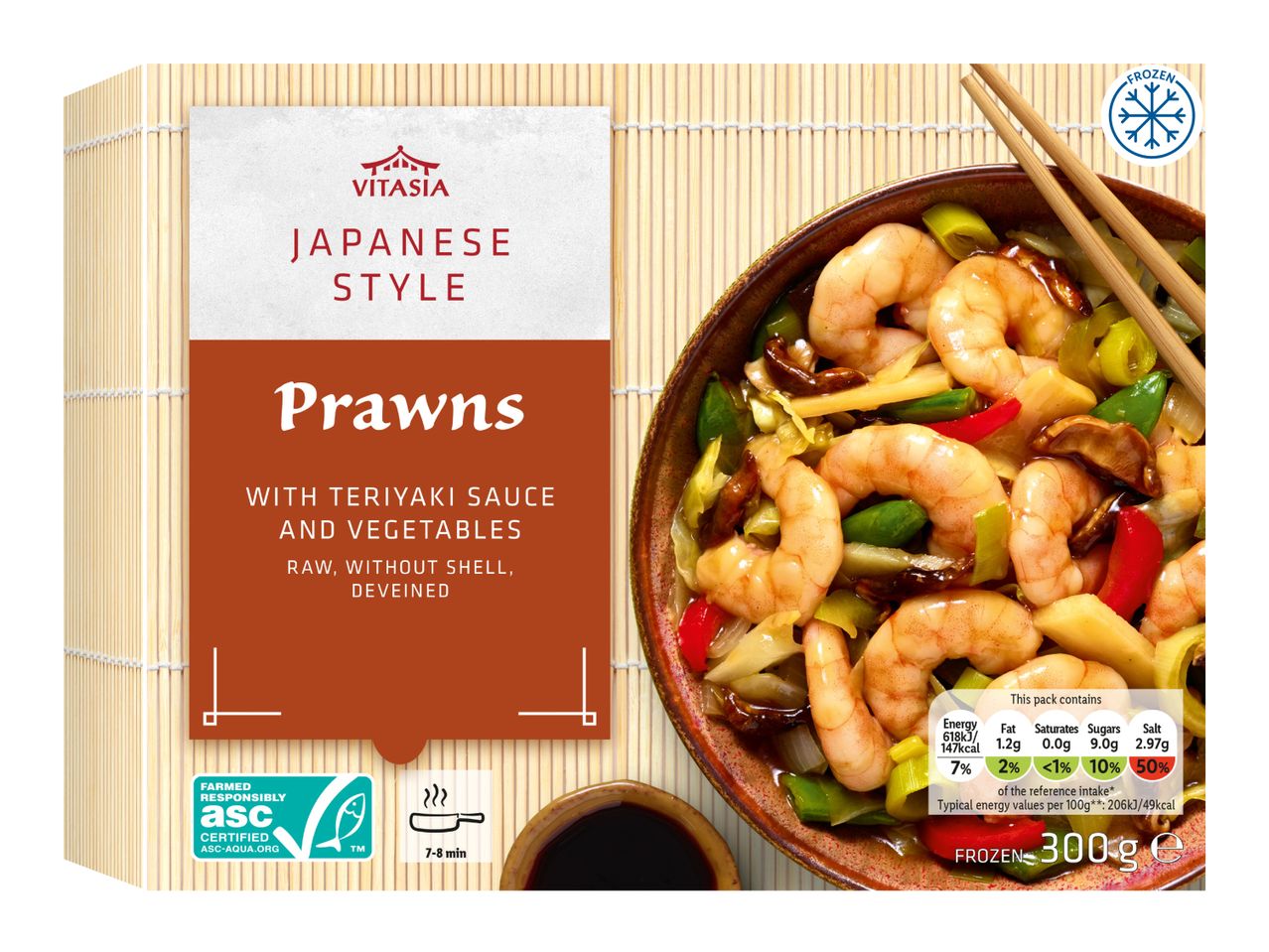 Frozen Japanese-style prawns with teriyaki sauce and vegetables, raw, without shell, deveined.