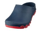 A single navy blue garden clog with a textured surface and a red wavy sole.