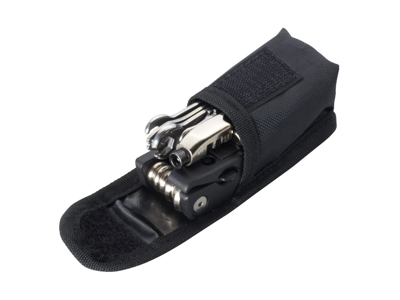 Multi-tool set with wrenches and hex keys in a black fabric pouch with a hook-and-loop closure.