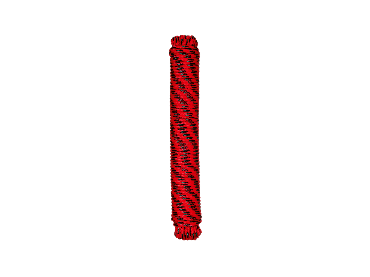 A coil of red and black polypropylene rope stands vertically against a black background.