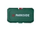 Green tool case with a red latch and white brand name