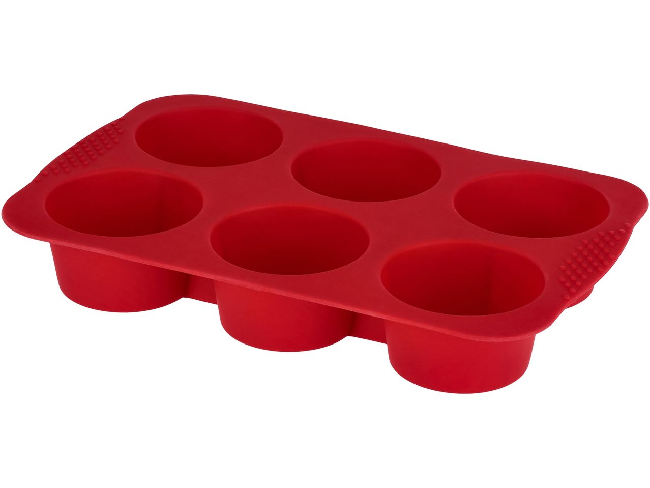 Red silicone muffin pan with six round cups