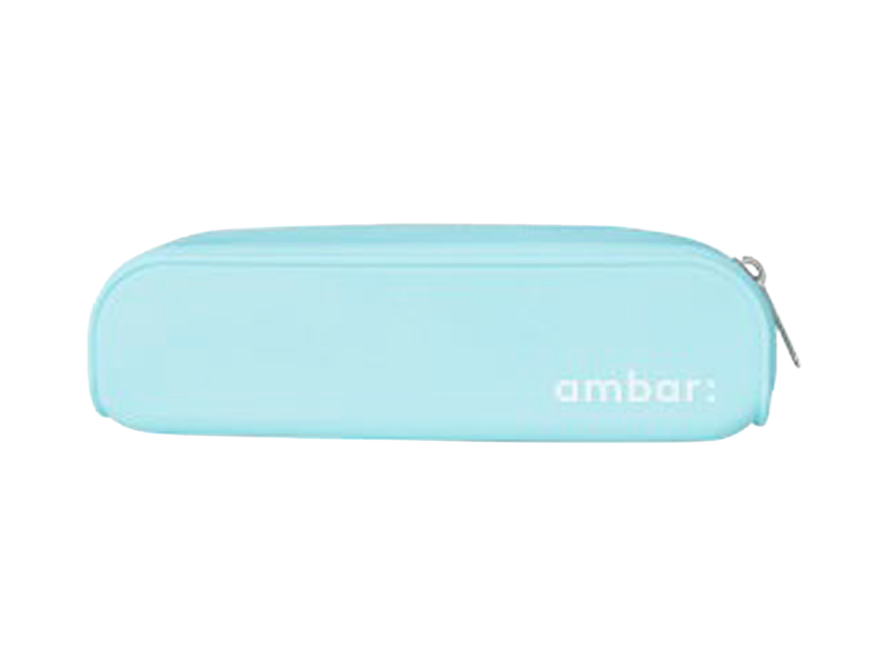 Estojo de silicone azul-claro com fecho de correr e a palavra 'ambar' em branco.