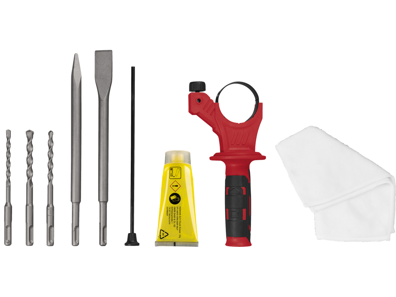 Σετ τρυπανιών και σμίλων με γράσο, βοηθητική λαβή και πανί καθαρισμού.