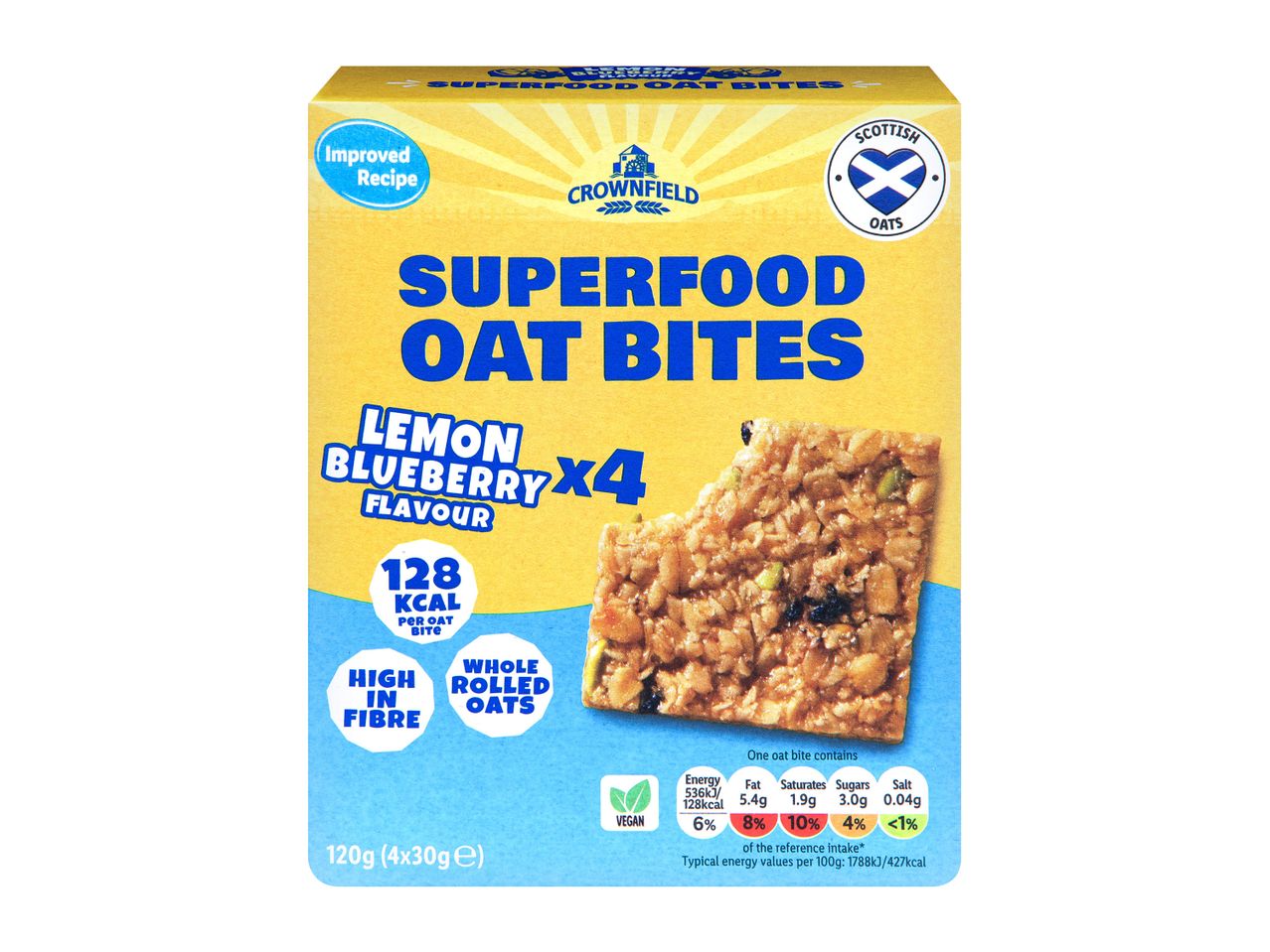 Crownfield Superfood Oat Bites, lemon blueberry flavour, whole rolled oats.
