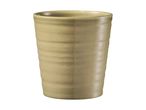 A light olive green ceramic tumbler with subtle horizontal lines.