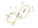 Wooden toy train set with trains, cars, and planes on a white background.