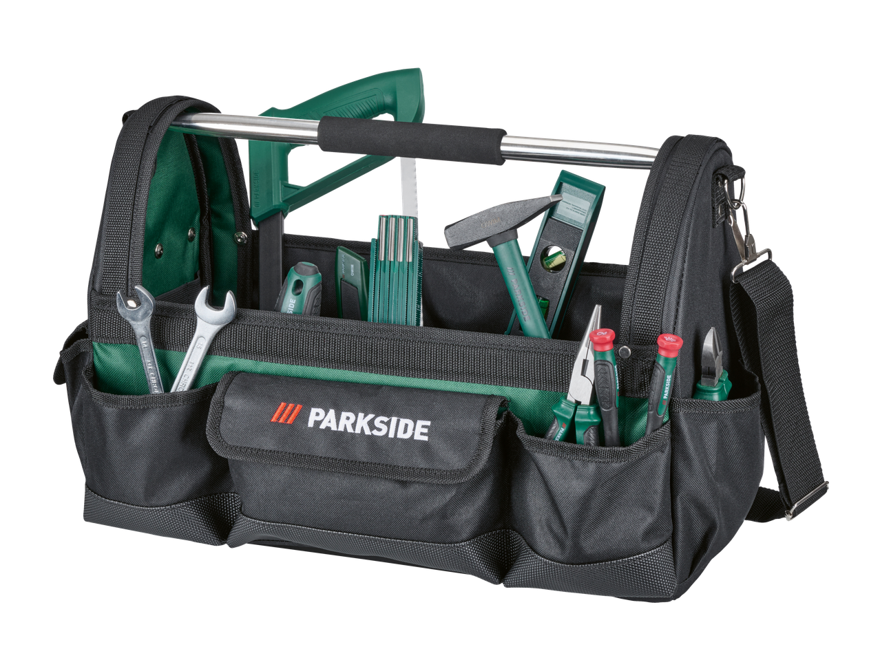 Geantă de scule PARKSIDE cu chei, clești, ciocan, nivelă și fierăstrău.