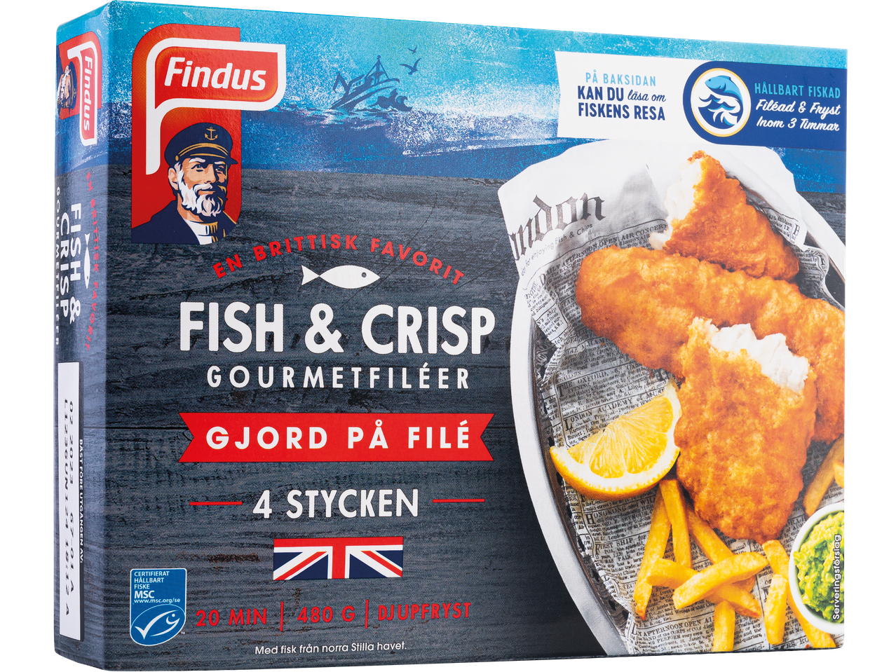 Findus Fish & Crisp Gourmetfiléer med fisk och pommes frites.