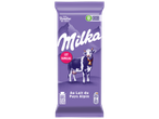 Tablette de chocolat au lait des Alpes, avec une vache et des montagnes, indiquant 'Plus Tendre que Jamais' et 'Lot Familial'.