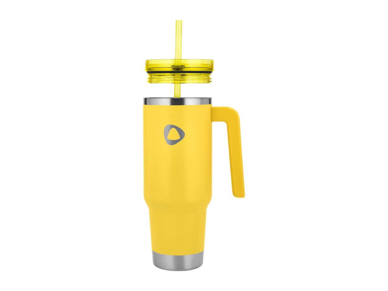 Yellow insulated tumbler with a handle, clear lid, and straw, isolated on a white background.