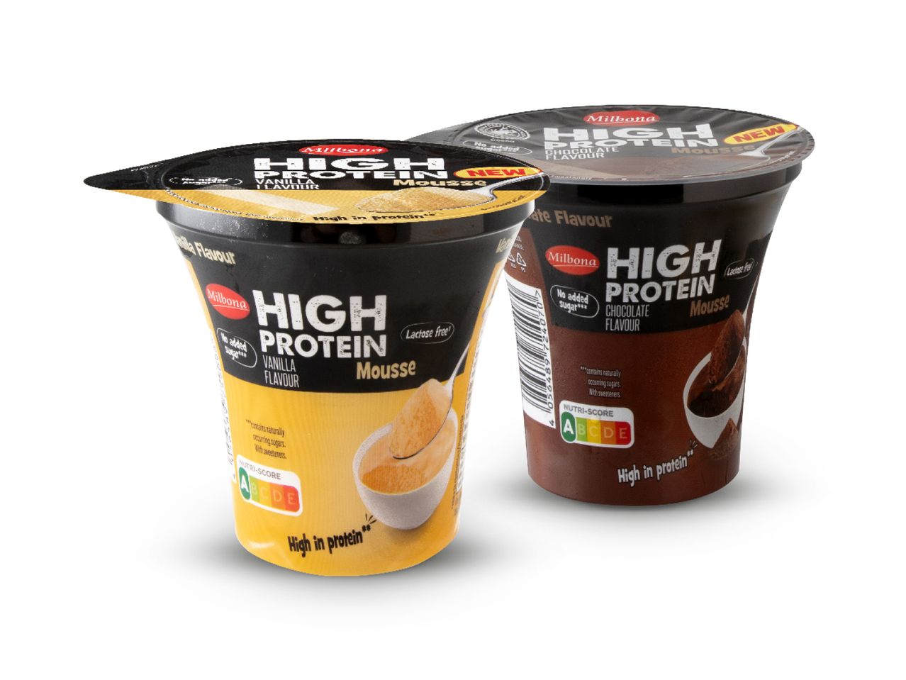 Dvije čašice visokoproteinskog napitka, okusa vanilije i čokolade.
