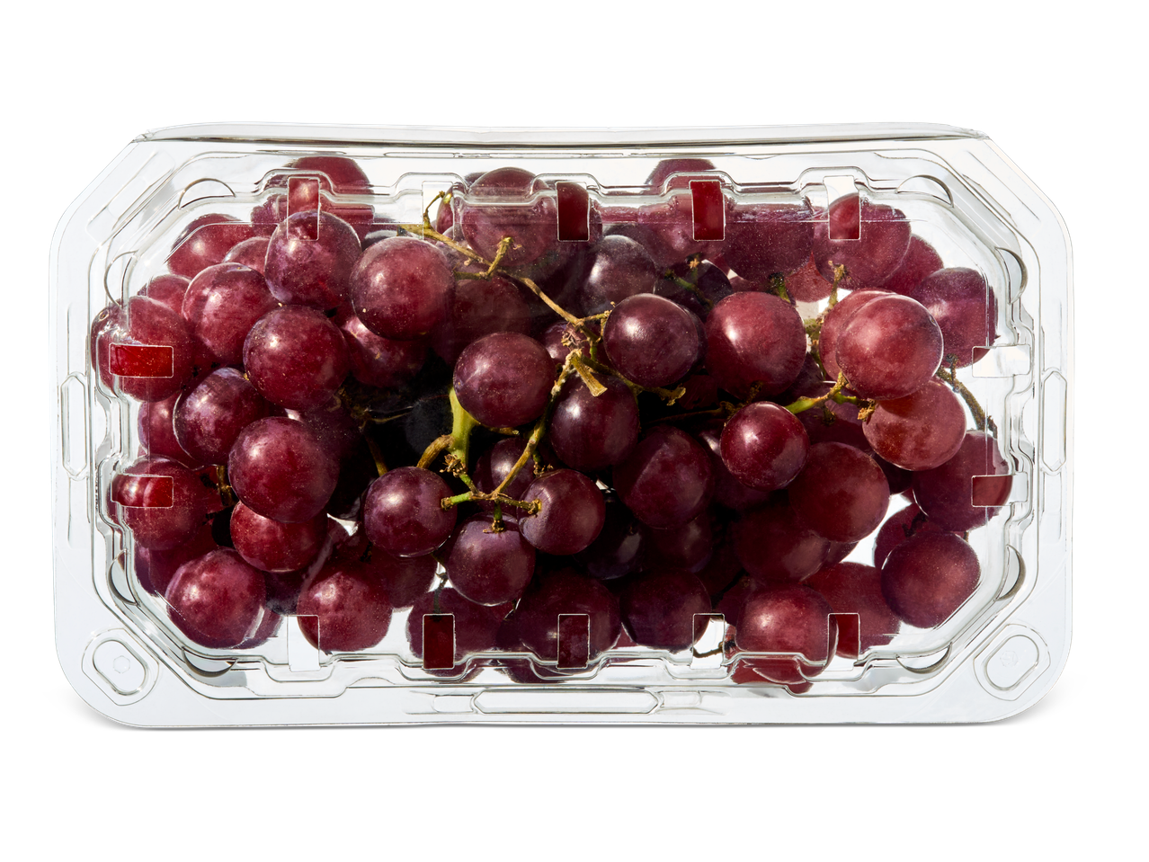 Een doorzichtig plastic bakje met rode druiven.