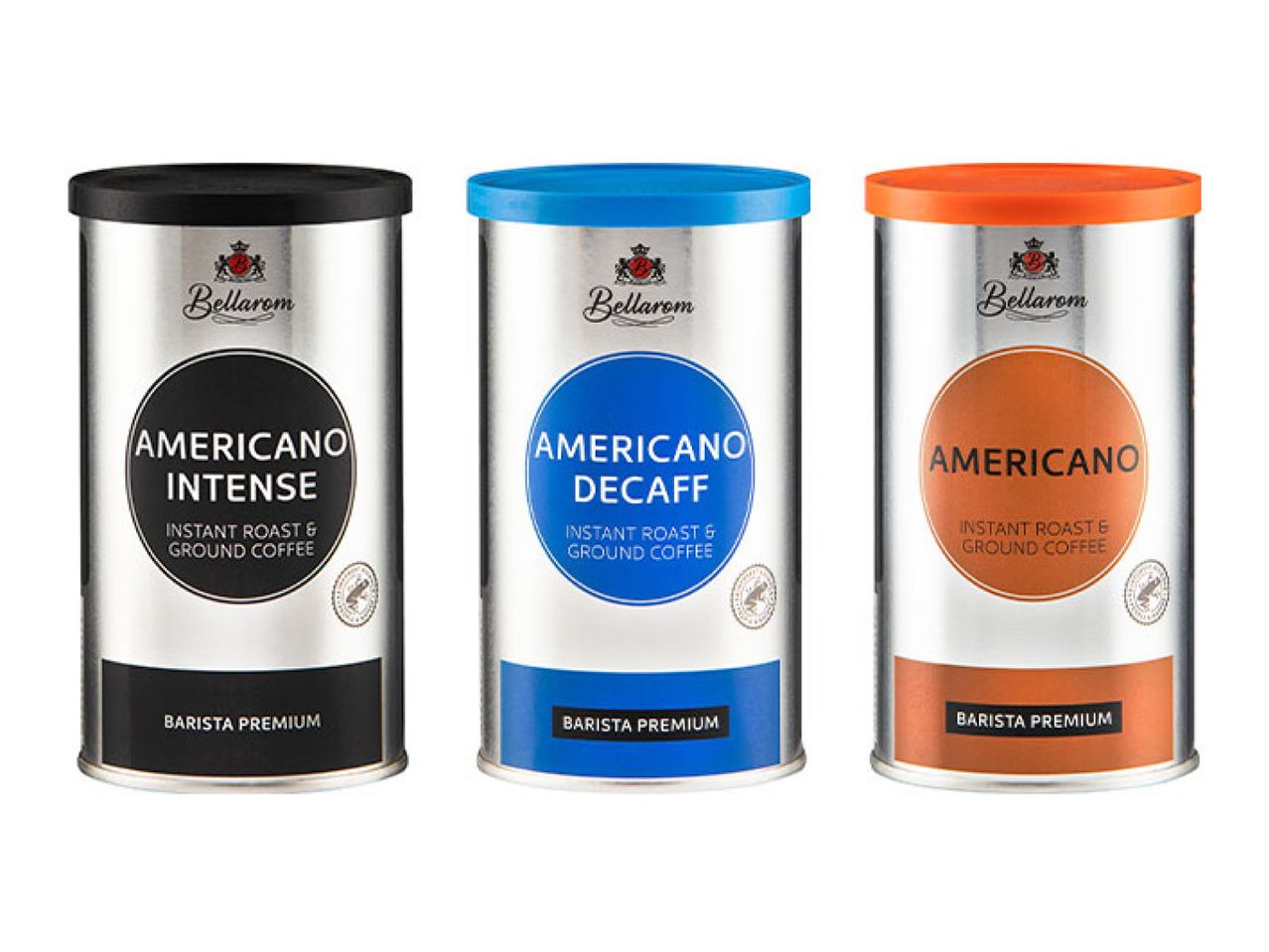 Three cans of instant roast and ground coffee: Americano Intense, Americano Decaff, and Americano.
