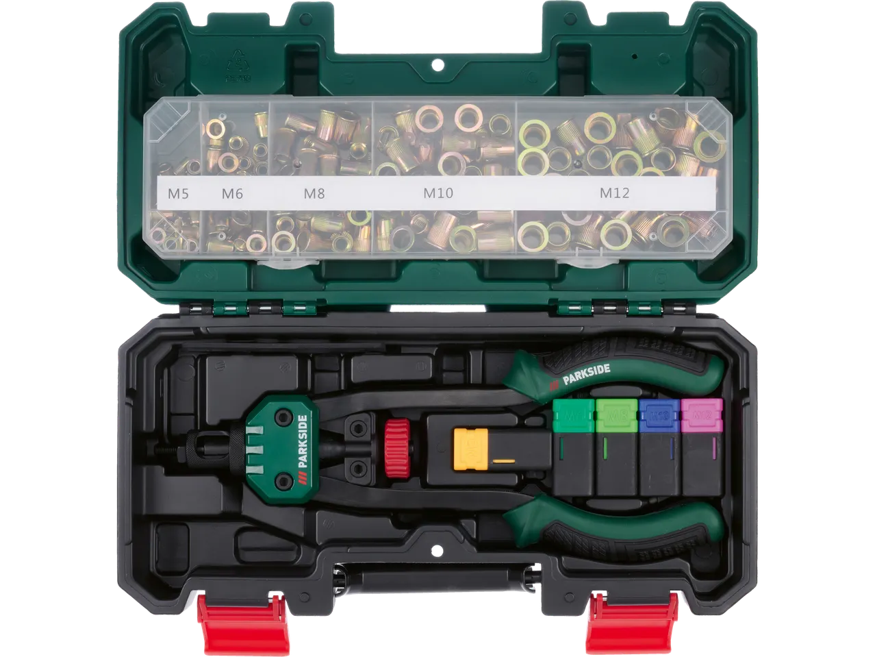 Rivet nut tool kit with various sized rivet nuts and accessories in a case.