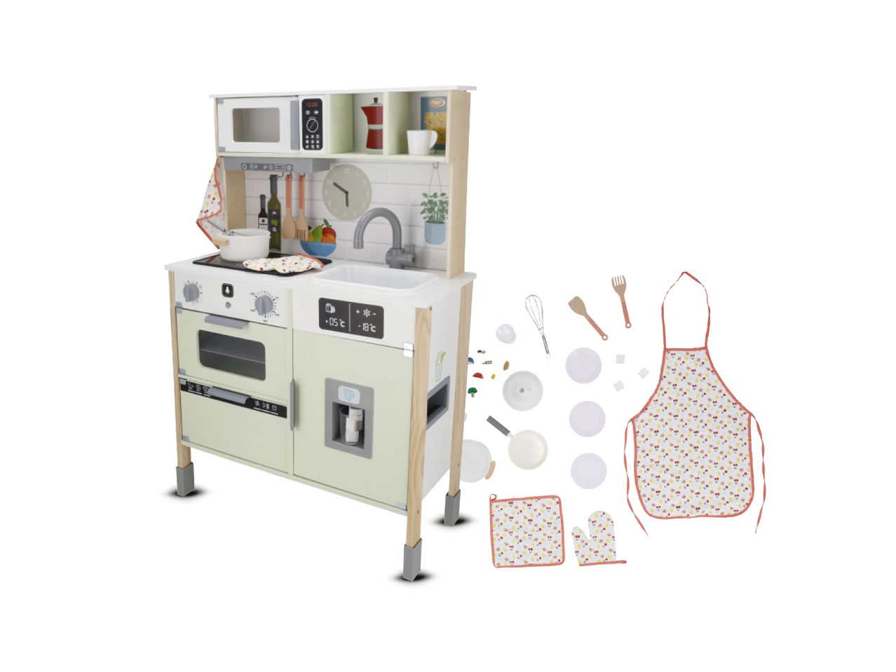Drvena dječja kuhinja s posuđem, pregačom i rukavicama za pećnicu.