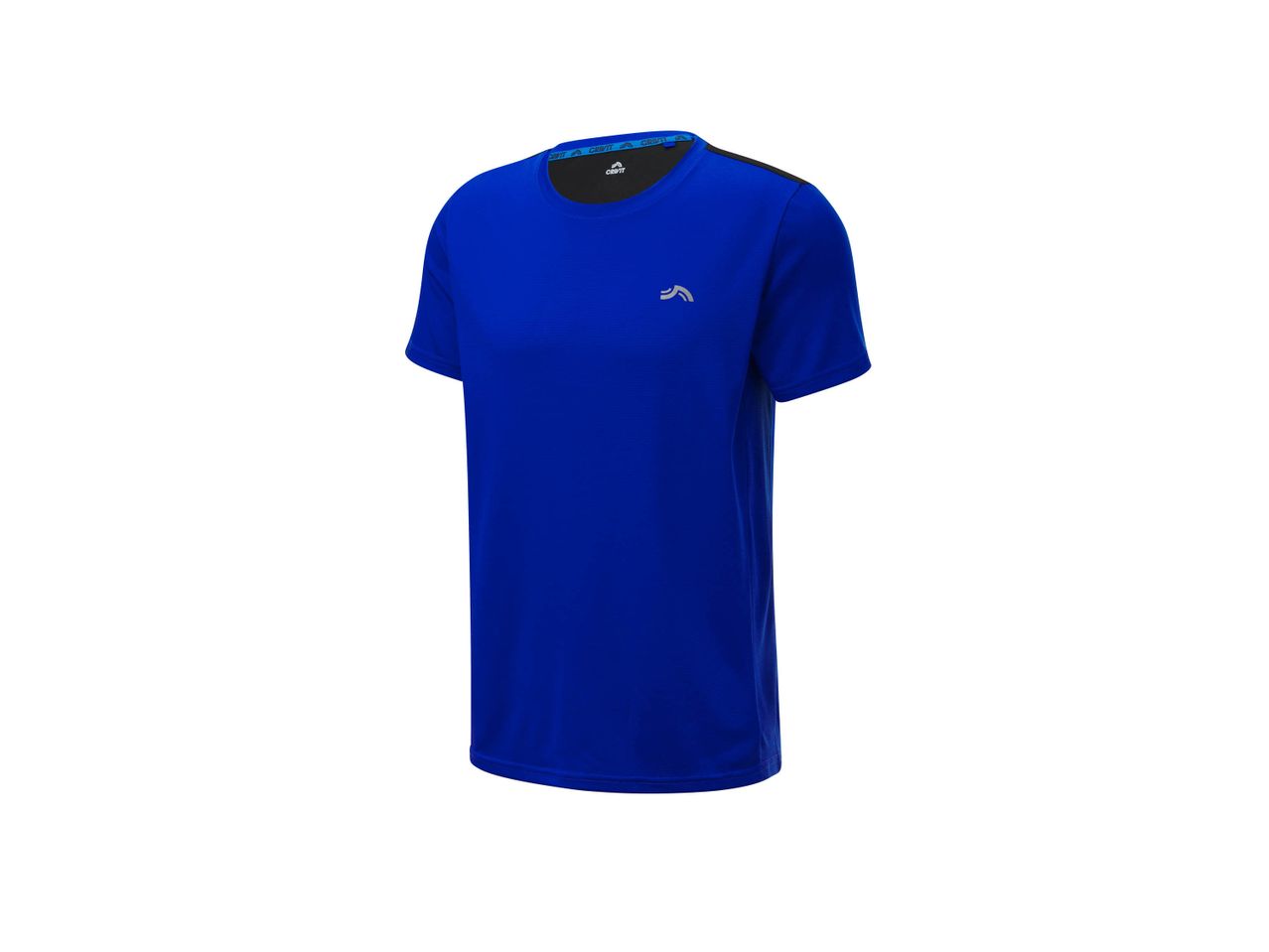 Maglietta sportiva blu Crivit con logo sul petto e sul colletto.