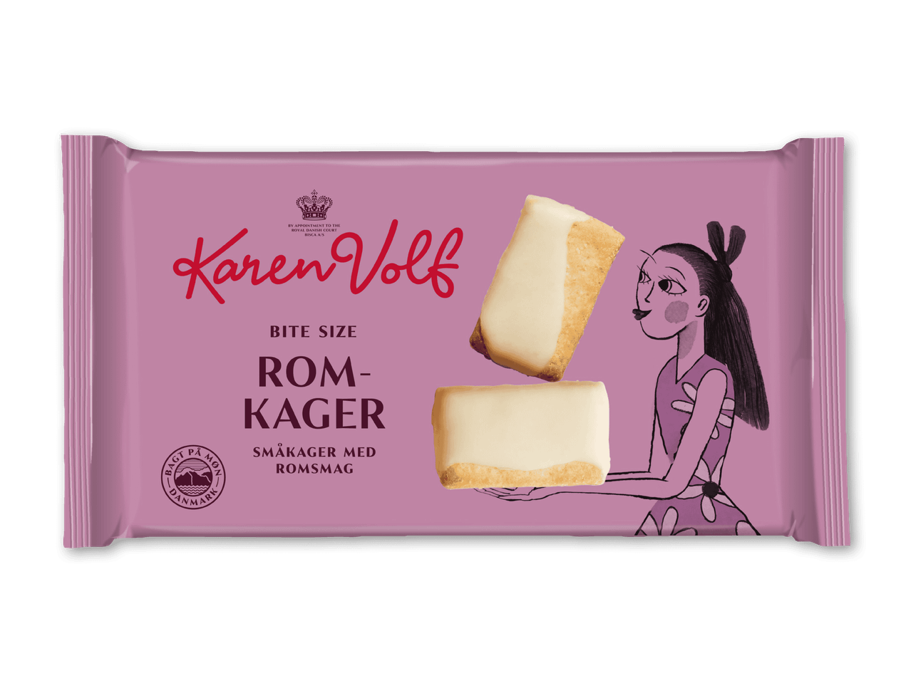 Lilla indpakning med romkager og en tegnet kvinde, der holder en kage.