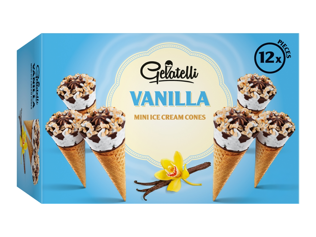 Boîte de 12 mini cornets de glace à la vanille avec des gousses de vanille et une fleur.