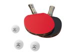 Two table tennis rackets, one red and one black, with three white table tennis balls.