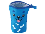 Blauwe etui met cartoonhondengezicht en witte botten, geopend met rits