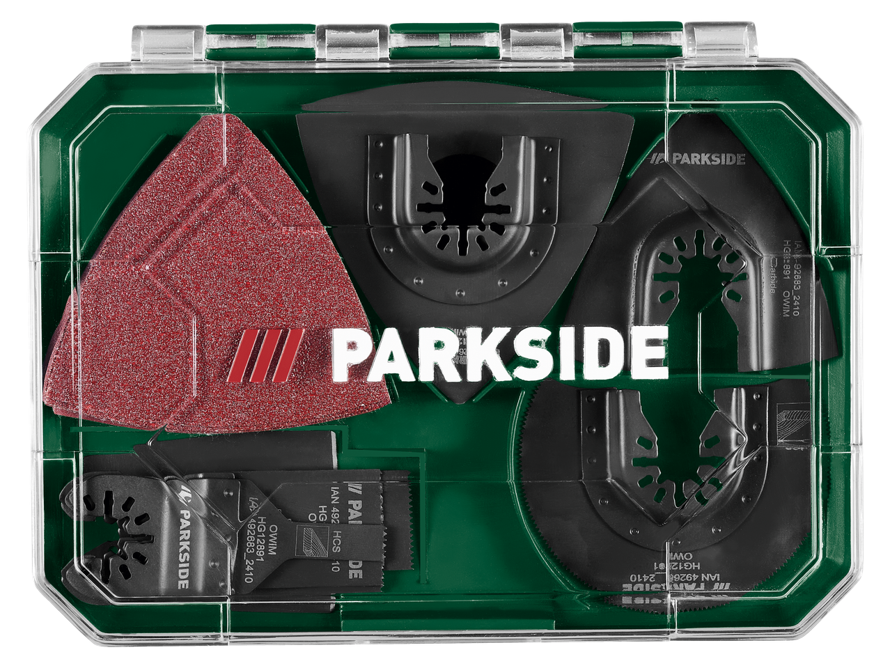 Conjunto de acessórios PARKSIDE para multiferramenta com lâminas de serra, lixa e raspadores numa caixa.