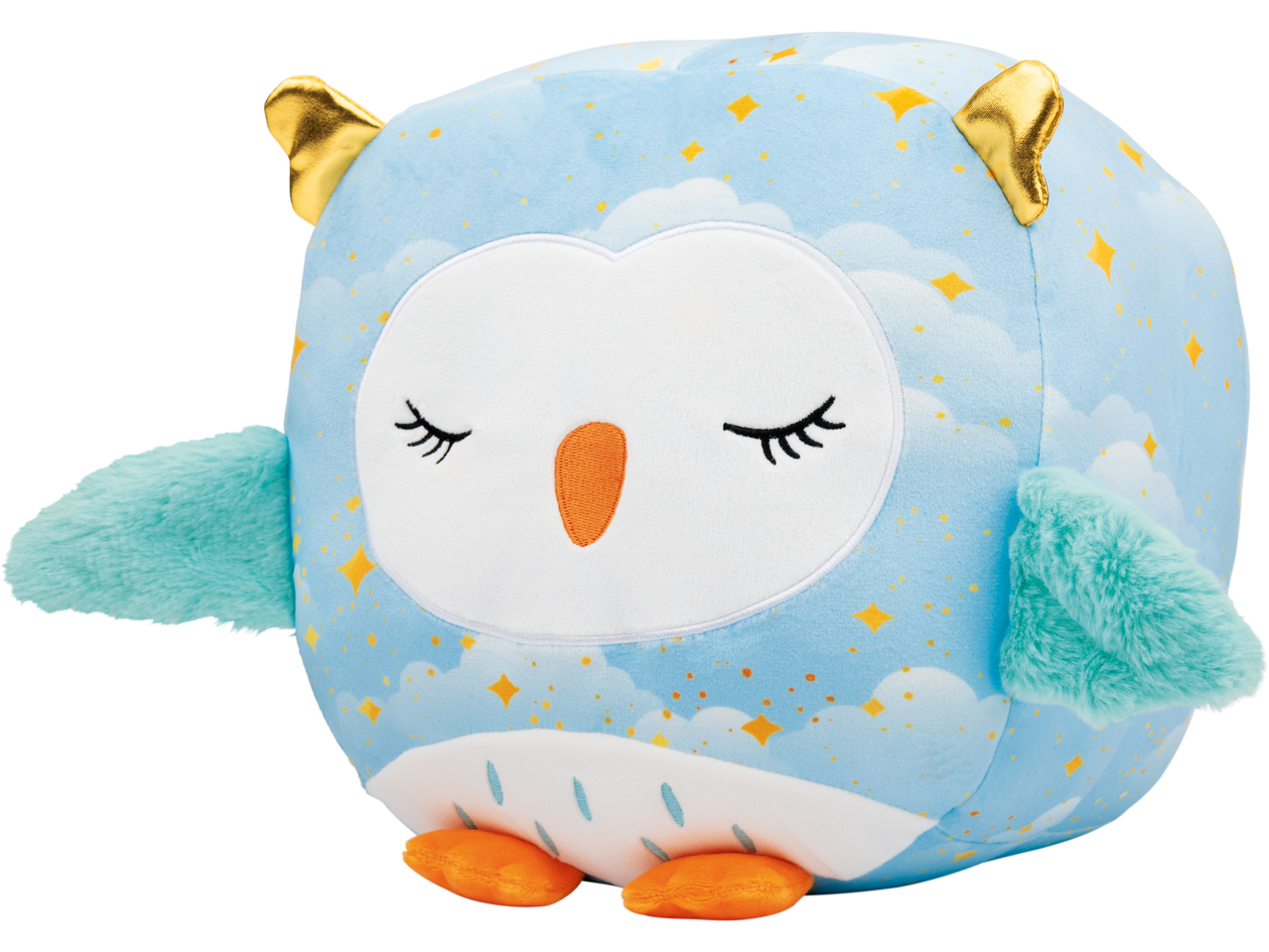 Mėlynas pelėdos pliušinis žaislas užmerktomis akimis, auksinėmis ausimis ir žvaigždžių raštu.