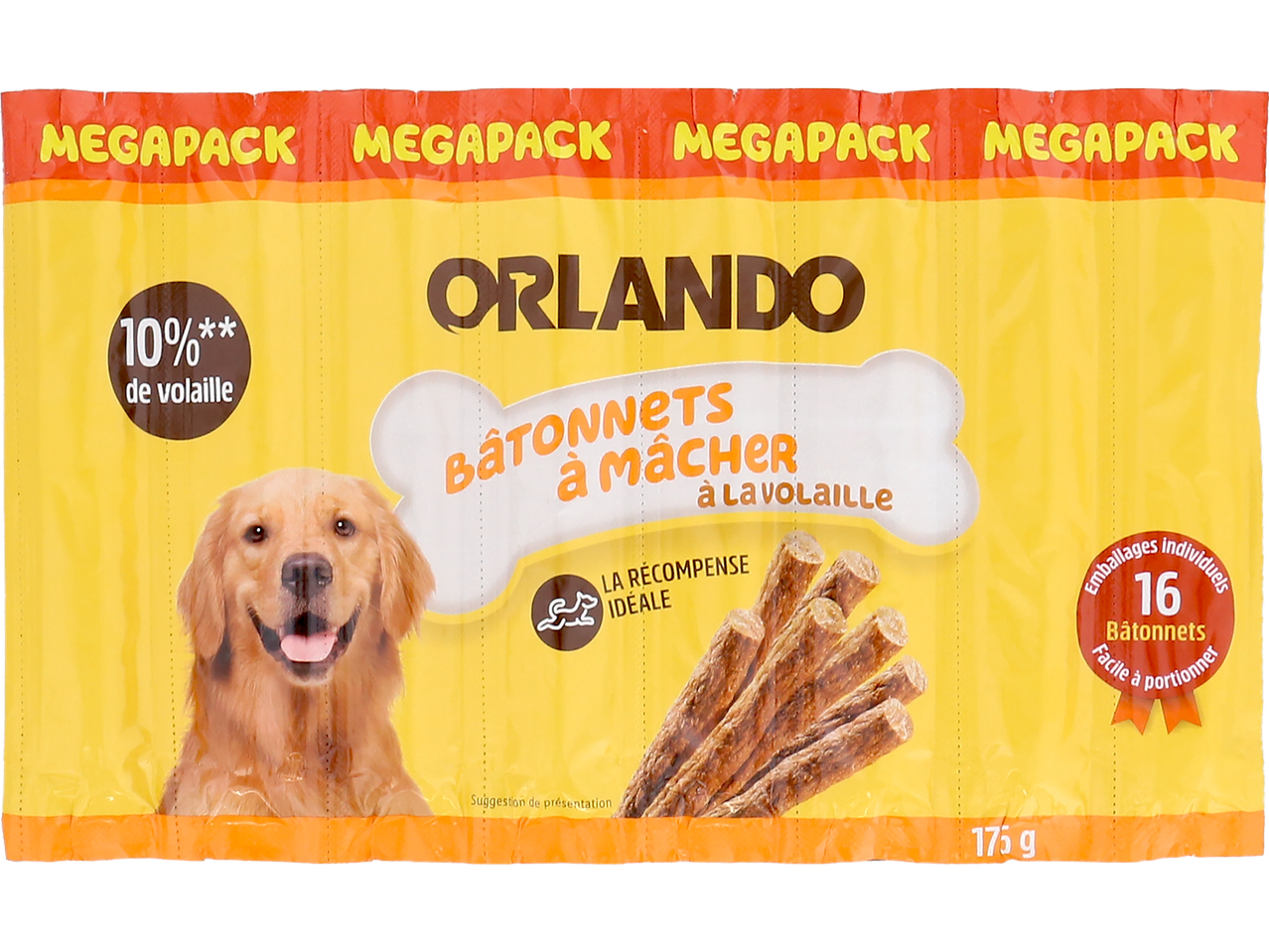 Orlando bâtonnets à mâcher au poulet pour chiens, 16 pièces, 175g megapack