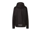 Black hooded windbreaker jacket with a reflective strip on the back.