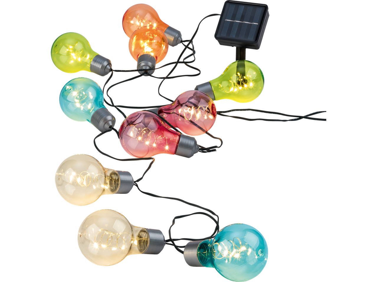 Värvilised päikesepaneeliga LED-pirnid valgusketina välitingimustesse.