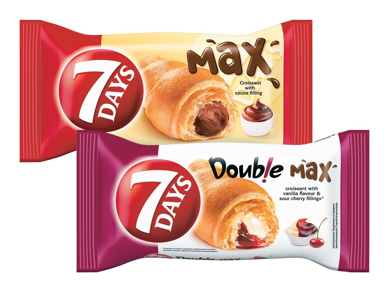 Două pachete de croissante 7 Days Max, unul cu umplutură de cacao și unul cu vanilie și cireșe.