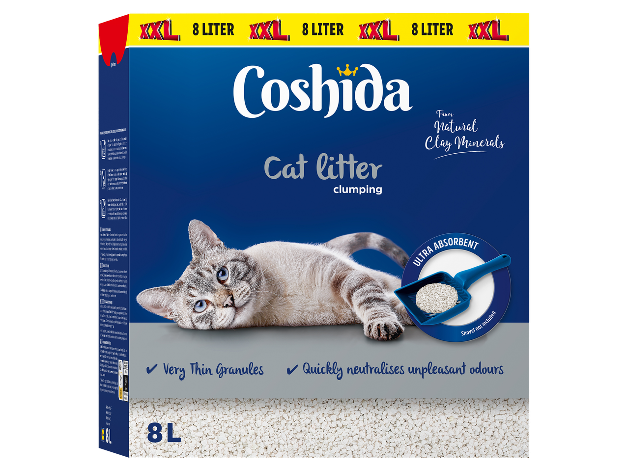 Paquet de litière agglomérante pour chat de 8 litres, avec un chat et une pelle.
