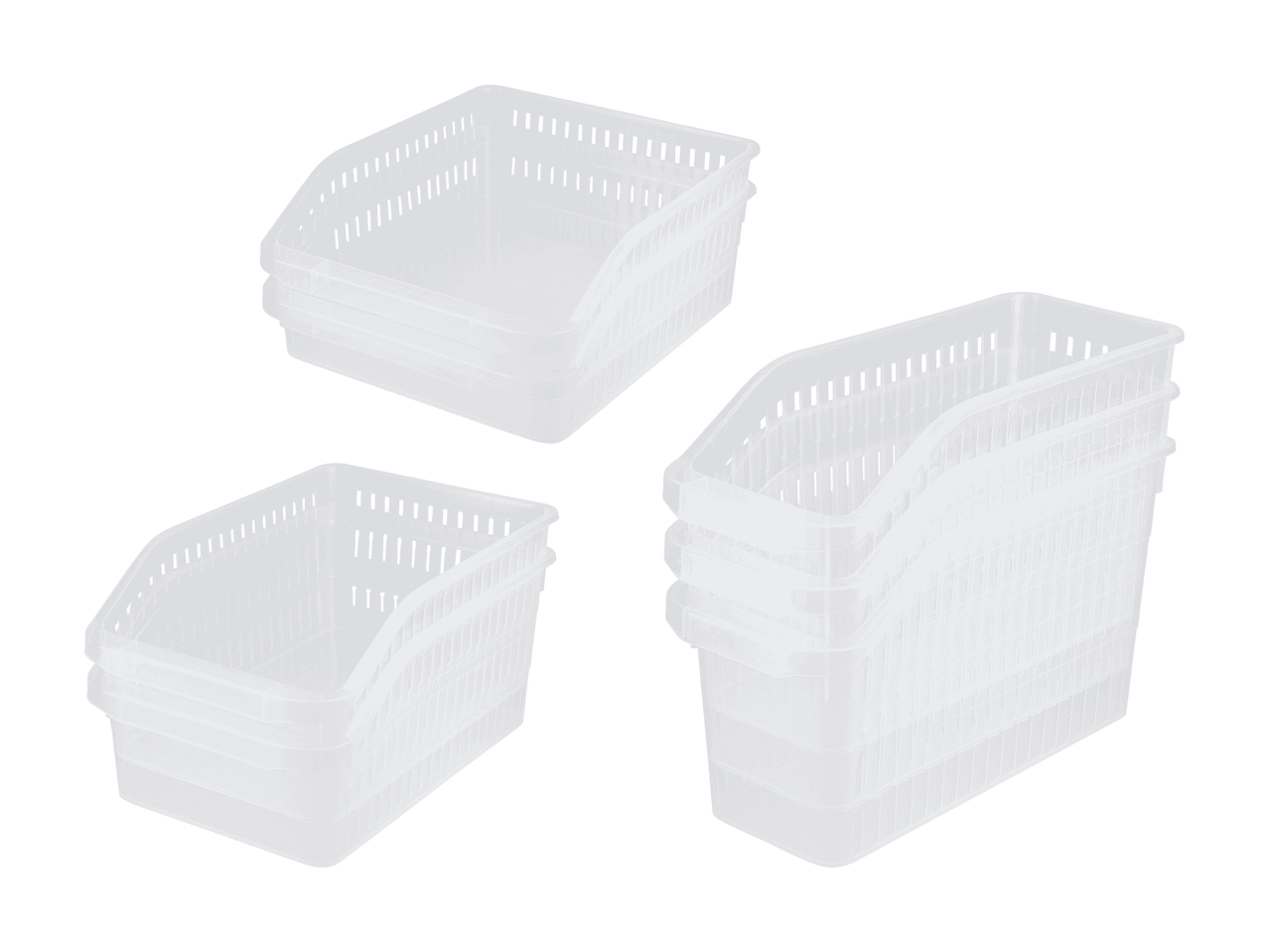 Drei Stapel weißer, durchscheinender Kunststoff-Aufbewahrungskörbe mit perforierten Seiten.